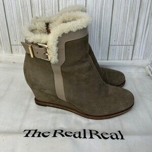 Authentic FENDI Boots Wedge Heels Suede Sherpa Booties Taupe Tan Size 38/8